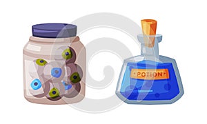 Eyeballs in glass jar and potion bottle. Witchcraft attributes, halloween objects cartoon vector illustration