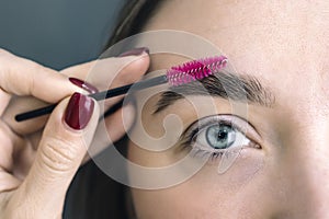 eyebrow correction in a beauty salon. Combing your eyebrows. Womans eyebrows. Beauty and care. Beautiful girl with