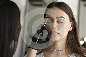 Eyebrow master paints a young woman with a paintbrush in a beauty salon