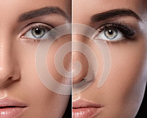 Eyebrow microblading and eyelash extension. Difference between eyes after makeup.