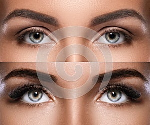 Eyebrow microblading and eyelash extension. Difference between eyes after makeup.