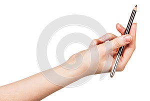 Eyebrow Pencil in female hand isolated on white background.