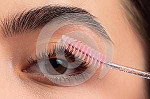 Eyebrow shaping. Close up of woman getting eyebrow make-up. Macro of combing eyebrows. Perfect shape of eyebrow, brown