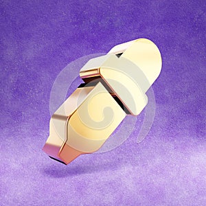 Eyedropper icon. Gold glossy Eyedropper symbol isolated on violet velvet background.