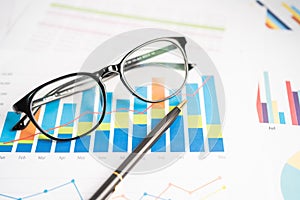 Eyeglass on chart graph paper. Finance, account, statistic, investment data economy, stock exchange business
