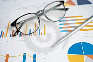 Eyeglass with pen on chart graph paper. Finance, account, statistic, investment data economy, stock exchange business