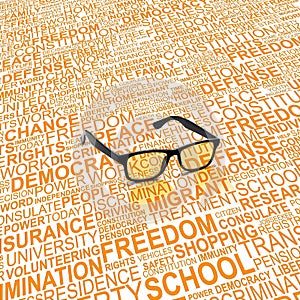 Eyeglasses with background concept wordcloud of human rights