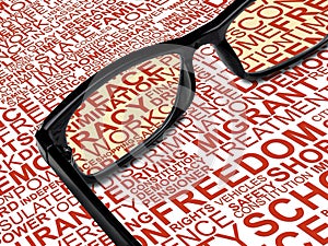 Eyeglasses with background concept wordcloud of human rights