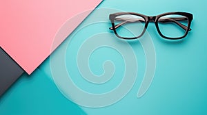 eyeglasses on a blue and pink background with copy space.