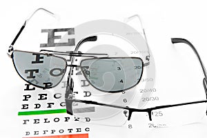 Eyeglasses and chart at white background