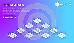 Eyeglasses concept with thin line isometric icons: sunglasses, sport glasses, rectangular, aviator, wayfarer, round, square, cat