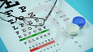 Eyeglasses, Contact Lenses And Snellen Eye Chart Round. Top view