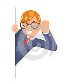 Eyeglasses eavesdropping ear hand listen overhear spy out wcartoon male businessman isolated character flat design