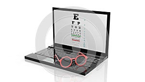 Eyeglasses on laptops keyboard with eyesight test on screen