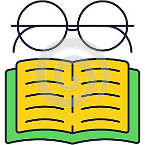 Eyeglasses over open book icon flat vector