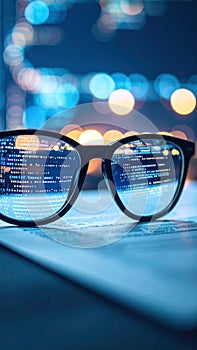 Eyeglasses reflecting computer code with blurred city lights in background