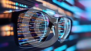 Eyeglasses reflecting programming code on computer screen, cyber security concept