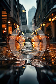 Eyeglasses sitting on top of a wet street, big city buildings background