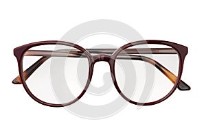 Eyeglasses transparent for reading or good vision, top view isolated on white background. Glasses mockup