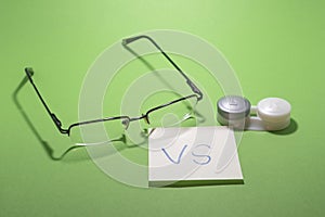 Eyeglasses versus lenses isolated chromakey contraposition convenience and flaws