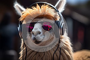 Eyeglasses wearing llama tunes into music, exuding a stylish rhythm