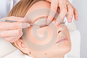 Woman doing eyelashes lamination, staining, curling, laminating and extension for lashes photo