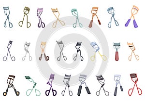 Eyelash Curler icons set cartoon . Woman face