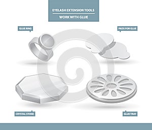 Eyelash Extension Application Tools and Supplies. Glue Ring, Pads, Tray and Cristal Stone. Work with Glue. Tools for Makeup photo