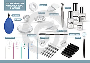 Eyelash Extension Application Tools and Supplies Set. Products for Makeup and Cosmetic Procedures in Beauty Salon