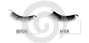 Eyelash extension. A beautiful make-up. Thick fuzzy cilia. Mascara for volume and length. Before and after the procedure