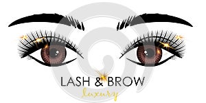 Eyelash extension. Beauty salon banner. Lengthening mascara. Makeup procedure. Curved false lash. Cosmetologist service photo
