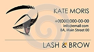 Eyelash extension. Beauty salon banner. Visit card. Lengthening mascara. Makeup procedure. Lady false lash photo