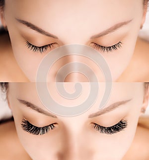 Eyelash Extension. Comparison of female eyes before and after.