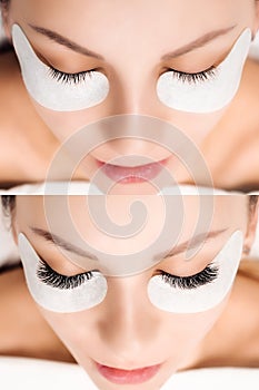 Eyelash Extension. Comparison of female eyes before and after.