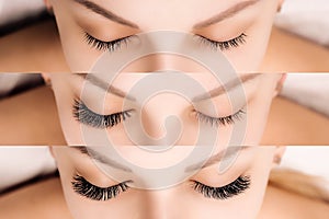 Eyelash Extension. Comparison of female eyes before and after.