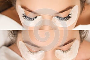 Eyelash Extension. Comparison of female eyes before and after.