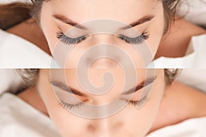 Eyelash Extension. Comparison of female eyes before and after.