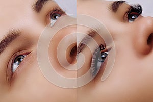 Eyelash Extension. Comparison of female eyes before and after.