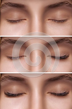 Eyelash Extension. Comparison of female eyes before and after.