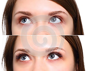 Eyelash Extension. Comparison of female eyes before and after.