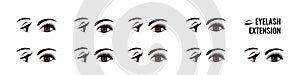 Eyelash extension. False lash shape for doll look. Eye style infographic. Makeup tutorial. Lengthening mascara effect photo