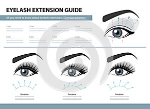 Eyelash extension guide. Direction schemes. Tips and tricks for lash extension. Infographic vector illustration. Template