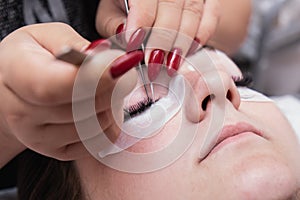 Eyelash extension master long eyelashes beautiful girl in a beauty salon. Eyelash extension procedure.