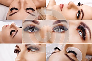 Eyelash extension procedure. Beautiful Woman with long lashes in a beauty salon. Collage.