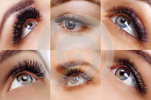 Eyelash extension procedure. Beautiful Woman with long lashes in a beauty salon. Collage of eyes.