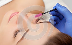 Eyelash extension procedure close up. Beautiful woman with long eyelashes in a beauty salon. Makeup concept