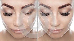 Eyelash extension procedure close up. Beautiful woman with long eyelashes in a beauty salon. Photos before and after eyelash