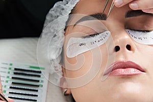 Eyelash extension procedure close up. Beautiful Woman with long lashes in a beauty salon
