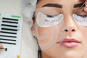 Eyelash extension procedure close up. Beautiful Woman with long lashes in a beauty salon