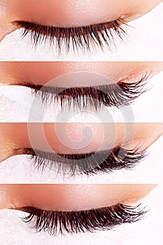 Eyelash Extension Procedure. Comparison of female eyes before and after.